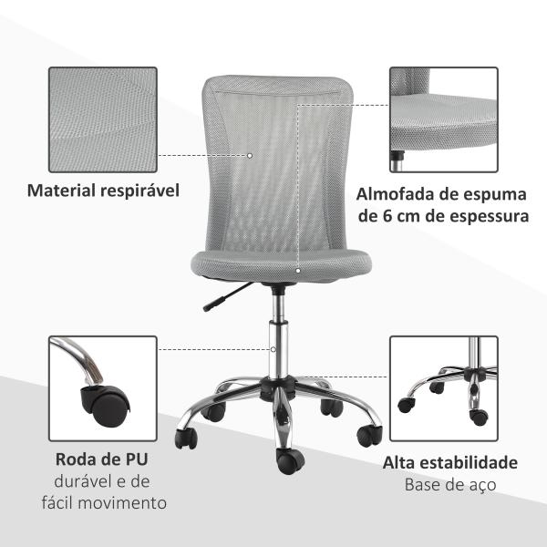 Cadeira de Escritório de Malha Giratória sem Apoio para os Braços com Altura Ajustável Carga 43x58x90 - 100 cm Cinza