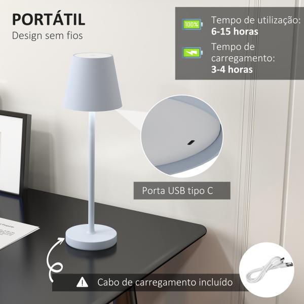 Candeeiro de Mesa com Luzes LED Candeeiro de Mesa Sem Fios Recarregável por USB - C 3 Cores Ø11,2x36,5 cm Branco