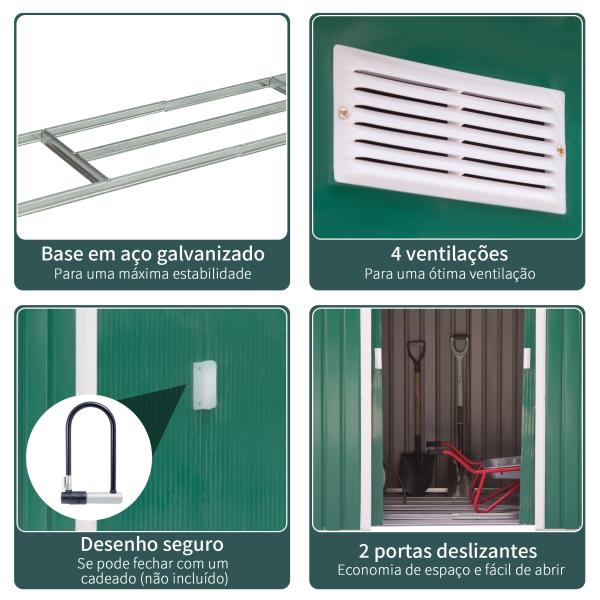 Abrigo de Jardim 213x130x185cm Abrigo de Jardim Metálico de Exterior com 2 Portas Deslizantes e 4 Janelas Verde