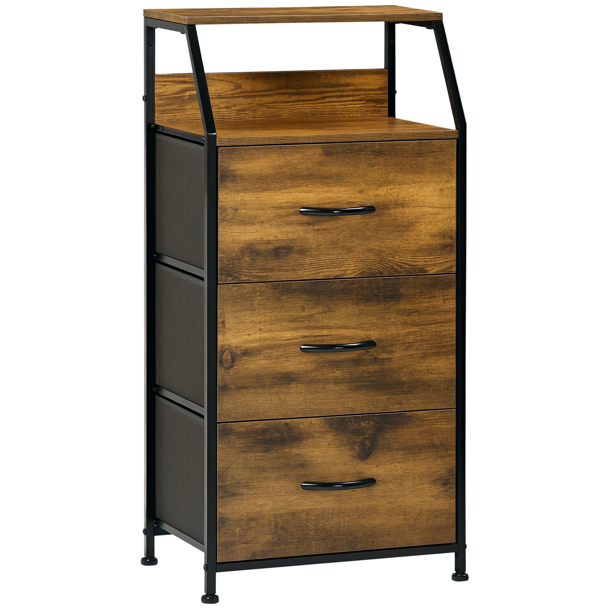 Cómoda com 3 Gavetas de Tecido Dobrável e Prateleira Móvel de Armazenamento Estilo Industrial 44x29x92cm Marrom Rústico