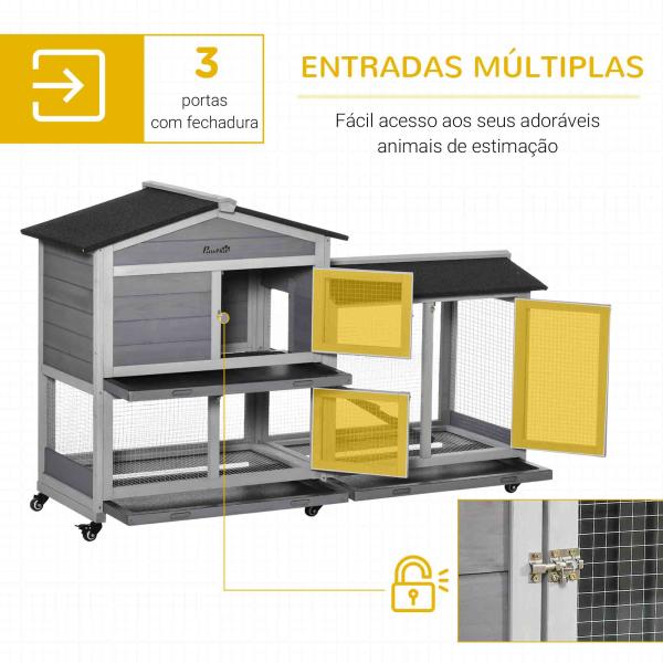 Casota para Coelhos Exterior 157,4x53x99,5 cm Gaiola Grande com Rodas, Telhado Asfáltico, Tabuleiros Removíveis e Rampa Cinzento