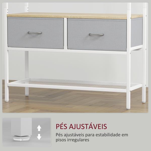 Móvel Cabide de Entrada com Banco Sapateira 8 Ganchos 2 Gavetas de Tecido Barra Prateleira 80x30x180,5 cm Branco e Madeira