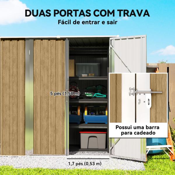 Abrigo de Jardim Exterior Metálico 1,37 m² 163x89x163 cm com Telhado Inclinado, Portas com Fecho e Luvas Castanho