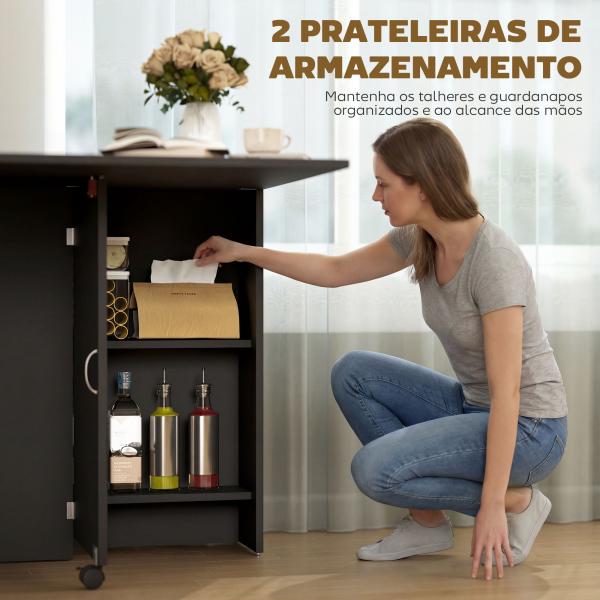 Mesa de Cozinha Dobrável com 2 Prateleiras de Armazenamento e Laterais Dobráveis 75x140x74 cm Preto