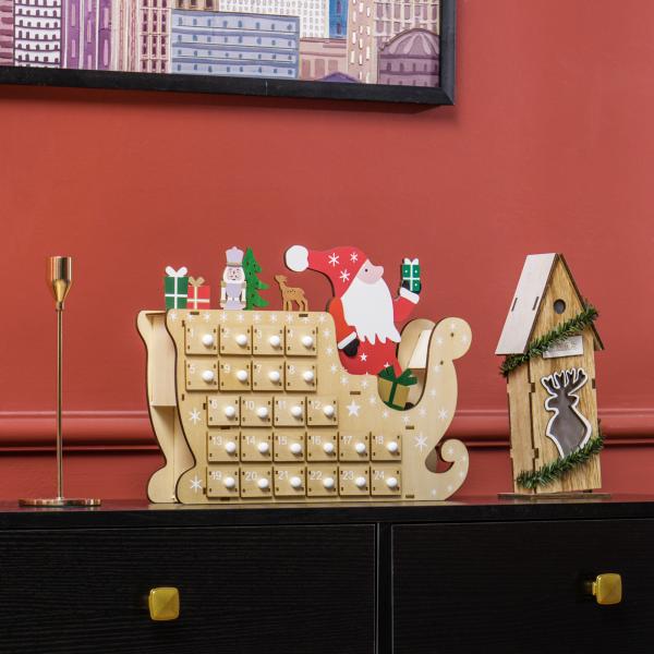 Calendário do Advento de Madeira com 24 Gavetas Decorado com Pai Natal no Trenó Decoração de Natal 22,5x8x36 cm Madeira