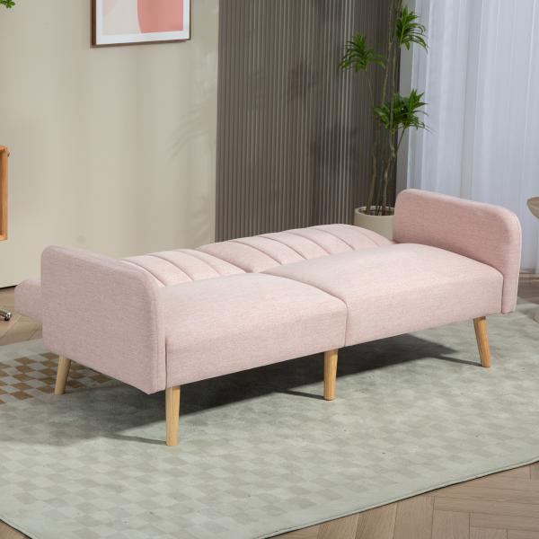 Sofá Cama de 2 Lugares com Encosto Ajustável em 3 Posições Apoio para os Braços e Pés de Madeira 173x75x73 cm Rosa