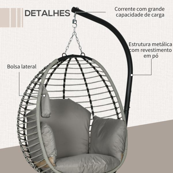 Cadeira Supensa com Suporte com Cesta Dobrável Almofada e Apoio para a Cabeça 110x100x188 cm Cinza e Preto