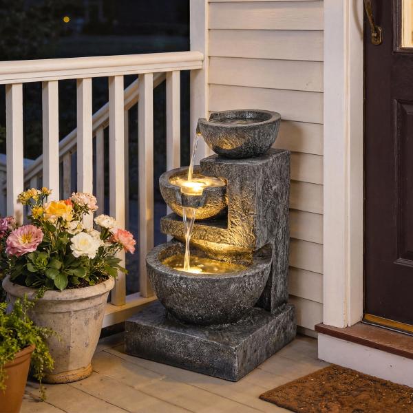 Fonte de Jardim com Iluminação LED e Bomba Cascata Decorativa de 3 Níveis 40x37x61 cm Multicolor
