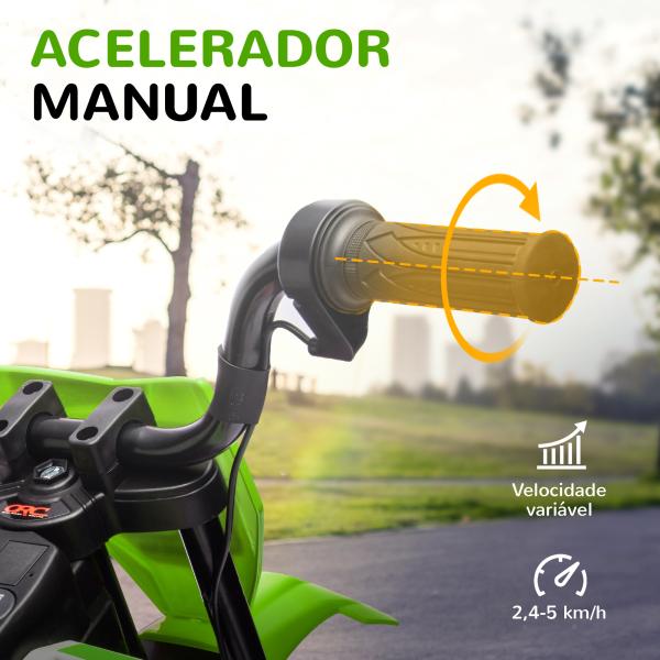 Mota Elétrica para Crianças com Bateria 12V Música Velocidade 2,4 - 5 km/h e Rodas Auxiliares 107x56x70 cm Verde