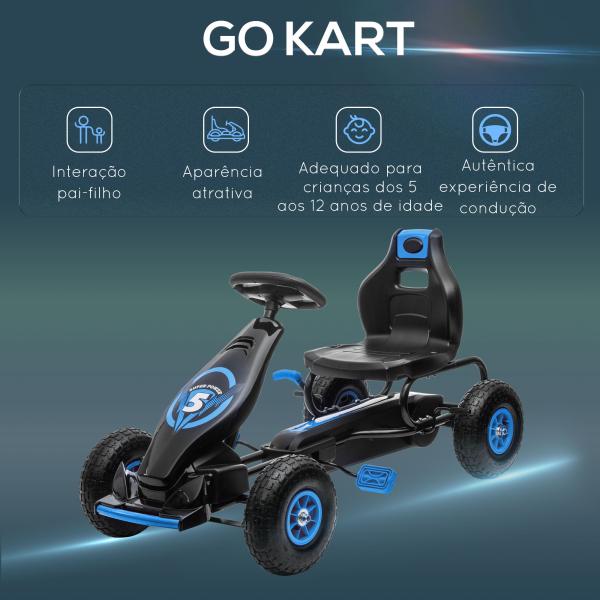 Kart a Pedais para Crianças 5 - 12 Anos com Assento Ajustável Pneus Insufláveis Amortecimento e Travão de Mão 121x58x61cm Azul