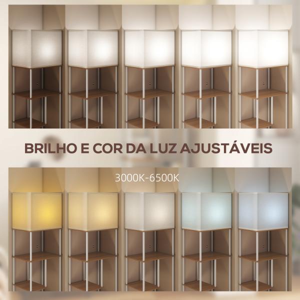 Candeeiro de Pé com Prateleiras Brilho e Temperaturas de Cor Ajustáveis 3000K - 6500K e Temporizador 40x29x171 cm Branco e Madeira
