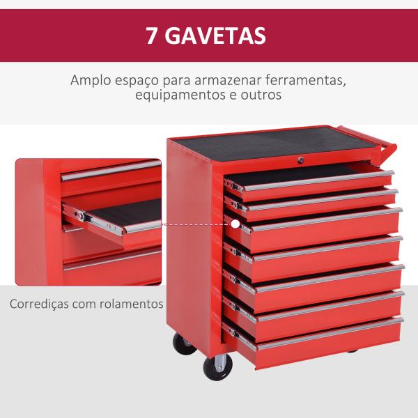 Carrinho de Ferramentas com 7 Gavetas Rodas Trava Armário de Armazenamento para Oficina de Garagem e Chapa de Aço 69x33x75 cm Vermelho