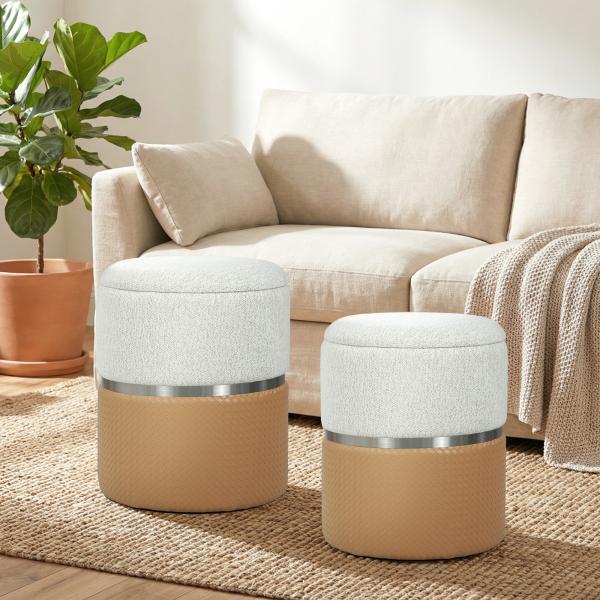 Conjunto de 2 Puffs de Armazenamento Estofados em Chenille e PU Assento Acolchoado para Entrada Quarto ou Sala Castanho e Creme