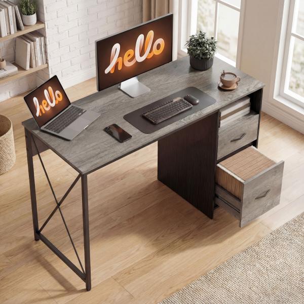 Mesa Gaming 120x50 cm Secretária Gaming Industrial com Compartimento e 2 Gavetas para Escritório Estúdio Cinzento Claro