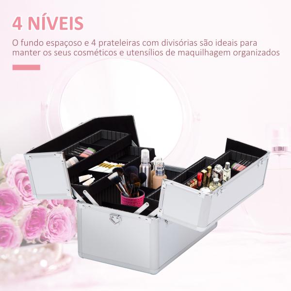Mala de Maquilhagem Estojo de Maquilhagem de 3 Níveis para Cosméticos Joias Maquilhagem 36,5x24x29cm Prata