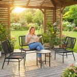 Conjunto Jardim de Vime com 4 Peças Inclui Sofá de 2 Lugares 2 Poltronas e Mesa de Centro com Tampo Metálico Preto