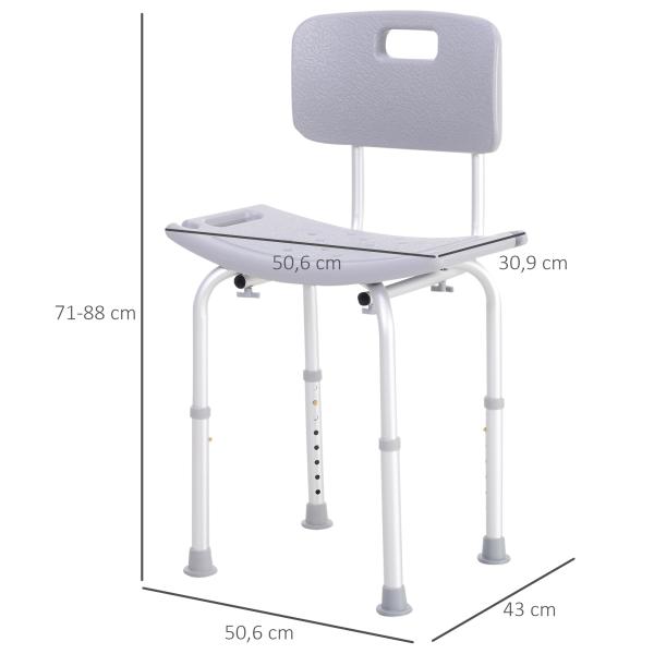 Cadeira para Duche Antiderrapante com Altura Ajustável em 8 Níveis Cadeira de Banho 50,6x43x71 - 88 cm Cinza