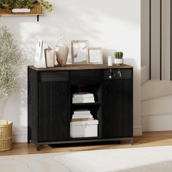 Aparador de 2 Portas com Orifícios 2 Compartimentos e Gaveta Prateleiras Ajustáveis 100x40x80 cm Preto e Castanho Rústico