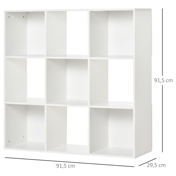 Estante para Livros de 3 Níveis Estante de Madeira com 9 Compartimentos Estante Modular 91,5x29,5x91,5 cm Branco