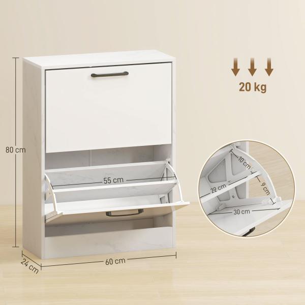 Sapateira Estreita 2 Portas de Alto Brilho com Prateleiras Ajustáveis Design Mármore para 8 Pares de Sapatos 60x24x80 cm Branco