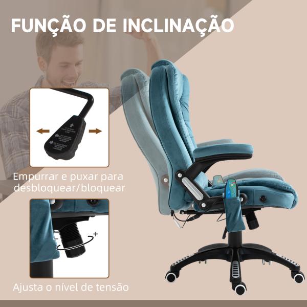 Cadeira de Escritório com 6 Pontos de Massagem Reclinável até 130° com Função de Aquecimento 68x72x110 - 120 cm Azul