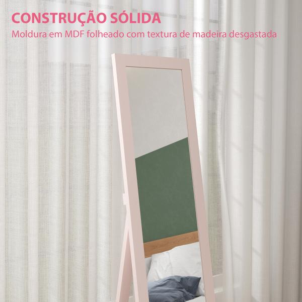Espelho de Pé 37x155 cm Espelho de Corpo Inteiro Espelho de Parede Retangular com Estrutura de Madeira Rosa Claro