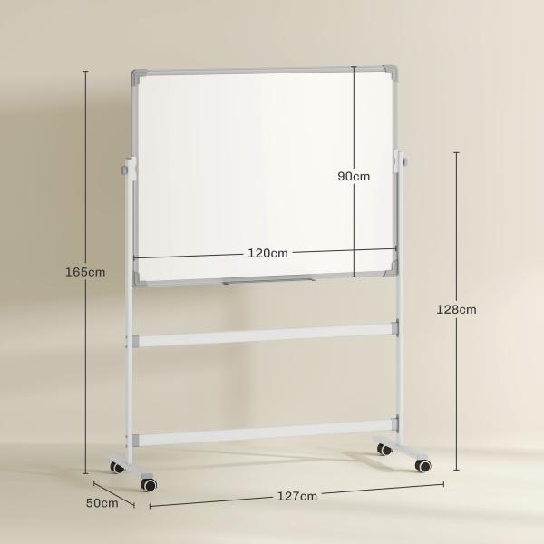 Quadro Magnético de Dupla Face 120x90 cm Quadro Branco Giratório com Suporte Ímanes Marcadores e Apagador Branco