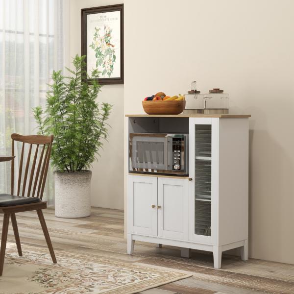 Móvel Auxiliar de Cozinha Moderno Móvel para Micro - Ondas com Prateleiras 3 Portas Compartimento Aberto 80x35x97 cm Branco
