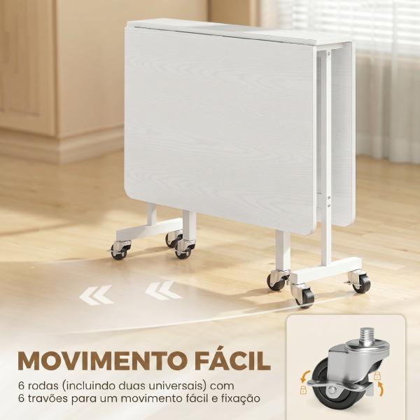 Mesa Dobrável de Cozinha para 4 - 6 Pessoas Mesa de Sala de Jantar Dobrável com Rodas e Laterais Dobráveis 120x80x73 cm Branco