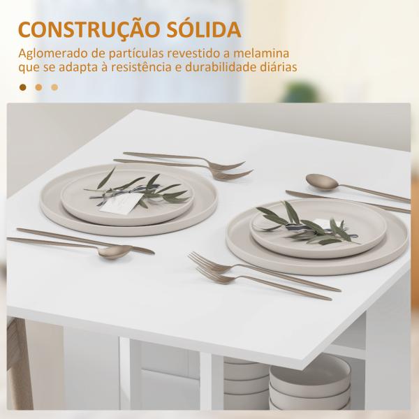 Mesa Dobrável com Asas Dobráveis Mesa de Cozinha com 2 Rodas e Prateleiras Estilo Moderno 120x60x75 cm Branco