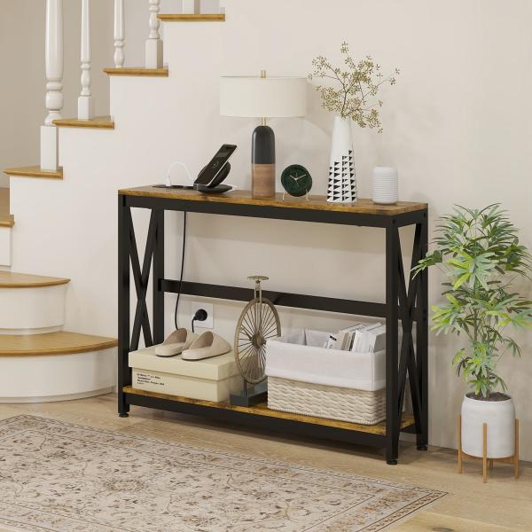 Mesa Consola de Estilo Industrial Mesa de Entrada de 2 Níveis com Estação de Carregamento 100x24x75 cm Castanho Rústico
