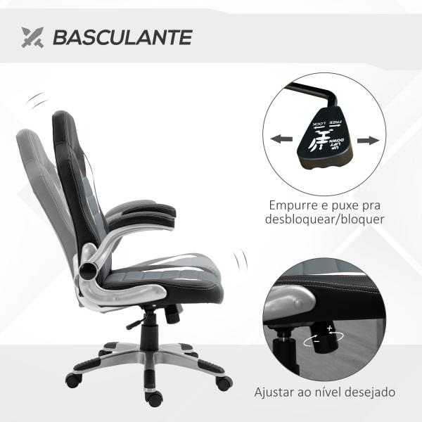 Cadeira de escritório ergonômica Altura ajustável apoio de Braço dobrável com 5 rodas Carga 120 kg 65x69x112 - 122 cm cinza