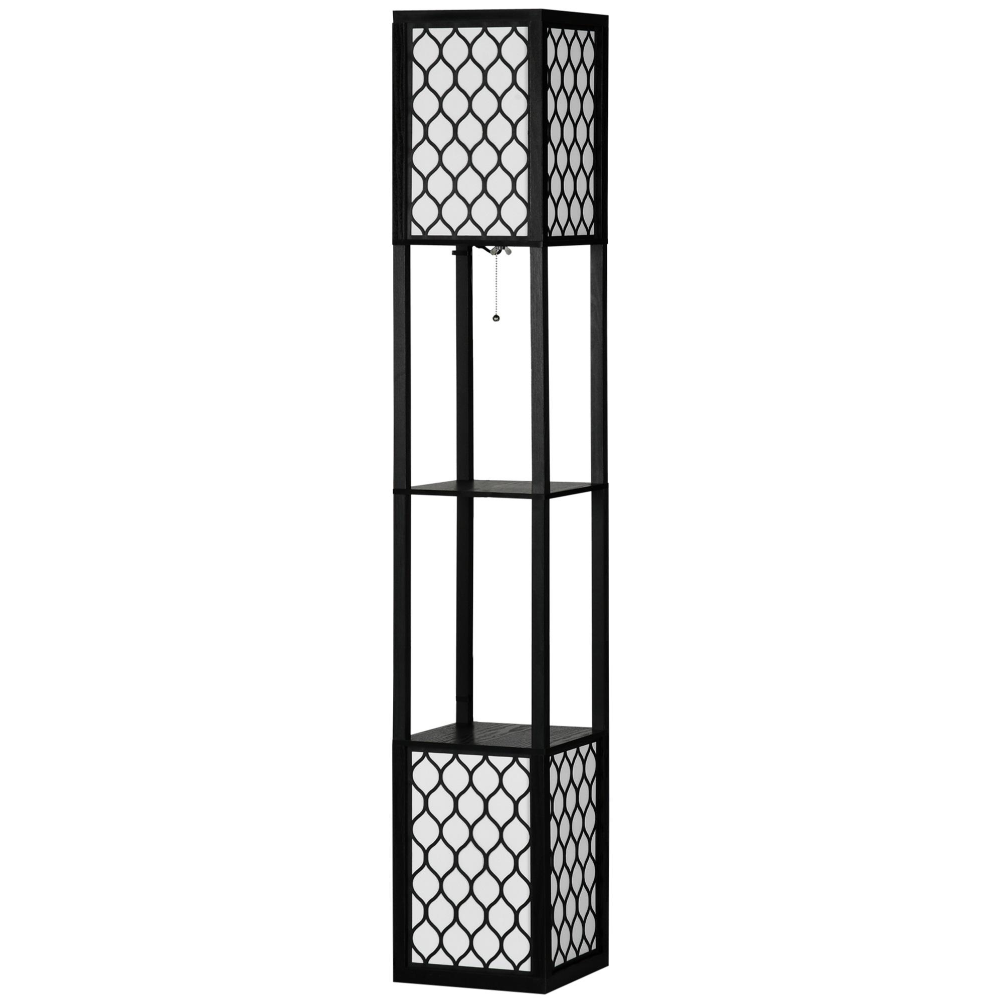 Candeeiro de Pé de Madeira com Estantes Lâmpada E27 Máx. 40W com Interruptor 26x26x156cm Preto e Branco
