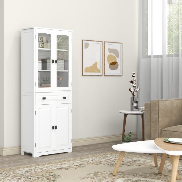 Armário de Cozinha com 4 Portas 1 Gaveta e 2 Prateleiras Ajustáveis para Sala de Jantar 60x30x160 cm Branco