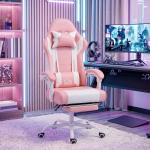 Cadeira Gaming Reclinável 155° com Suporte Lombar com Massagem Apoio de Cabeça e Apoio para os Pés 63x66x126 - 134 cm Rosa