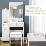 Toucador de Maquilhagem com Banco Espelho 4 Gavetas 4 Compartimentos de Armazenamento Estilo Moderno 80x38x143cm Branco