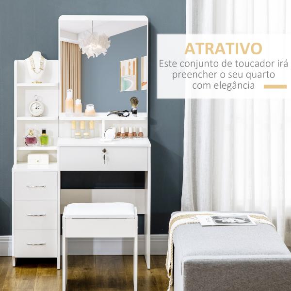 Toucador de Maquilhagem com Banco Espelho 4 Gavetas 4 Compartimentos de Armazenamento Estilo Moderno 80x38x143cm Branco