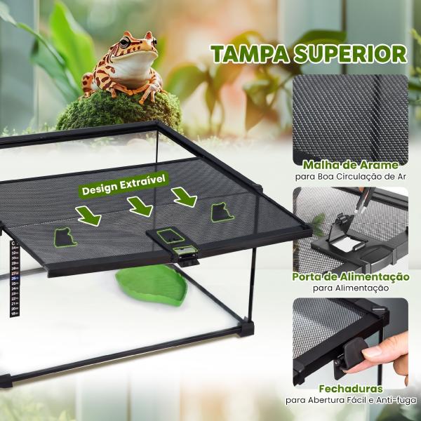 Terrário para Répteis em Vidro com Termómetro e Taça de Água para Lagartos, Cobras e Aranhas 50x30x25 cm Preto
