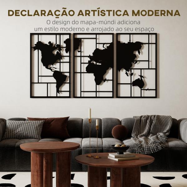 Decoração de Parede em Metal com Mapa Múndi Conjunto de 3 Peças Quadros de Parede Metálicos Preto