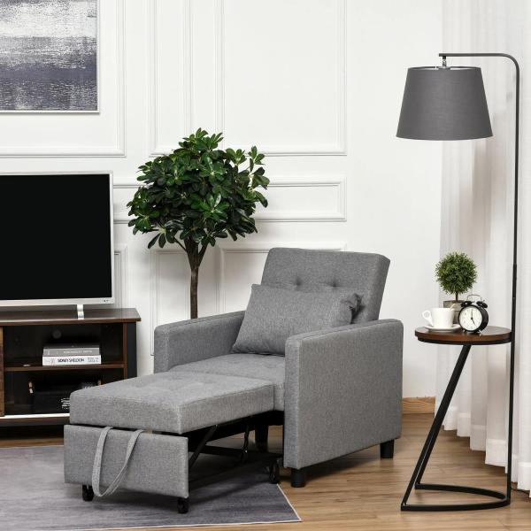 Sofá - cama Individual Poltrona com encosto reclinável Almofada removível Assento acolchoado e 4 rodas 69x82.5x84 cm Cinza