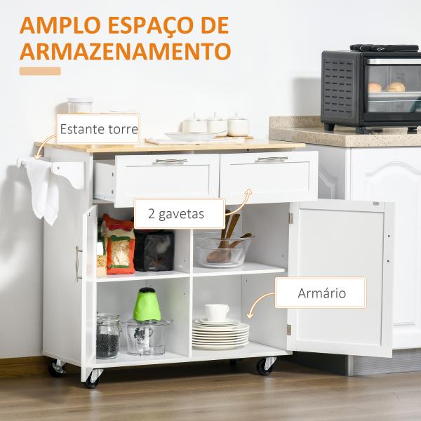 Carrinho de Cozinha com Rodas Móvel Auxiliar de Cozinha com 2 Gavetas 2 Portas Prateleira Ajustável 104x46x91 cm Branco