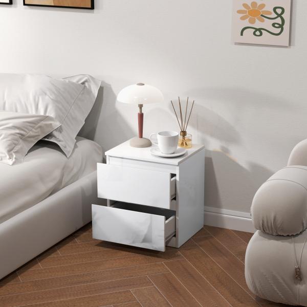 Mesa de Cabeceira Moderna Mesa de Cabeceira com 2 Gavetas Mesa de Cabeceira para Dormitório 40x34x45 cm Branco Brilhante