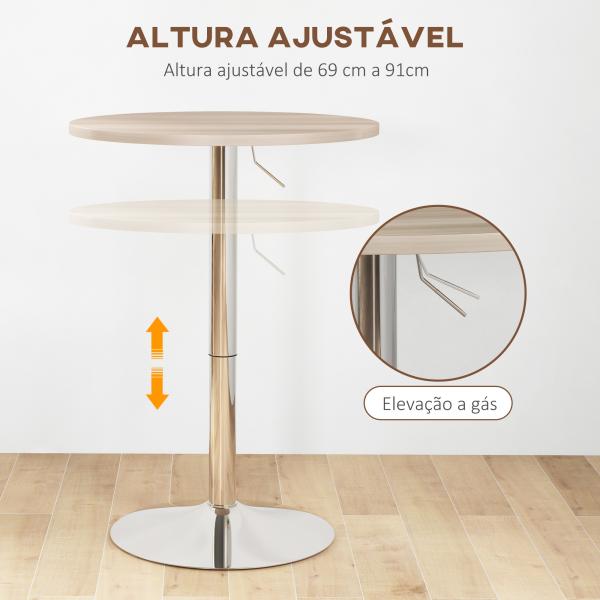 Mesa Alta de Cozinha Mesa Alta de Bar Redonda para 2 Pessoas Altura Ajustável Tampo Giratório 360° 60x60x91 cm Carvalho Claro