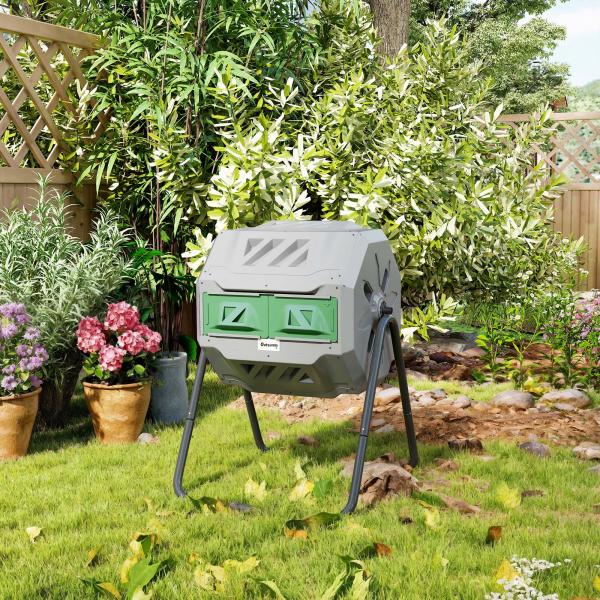 Compostor de Tambor Giratório com Capacidade 160L de Dupla Câmara e Ventilação para Resíduos Orgânicos 71x65x96 cm Cinza e Verde