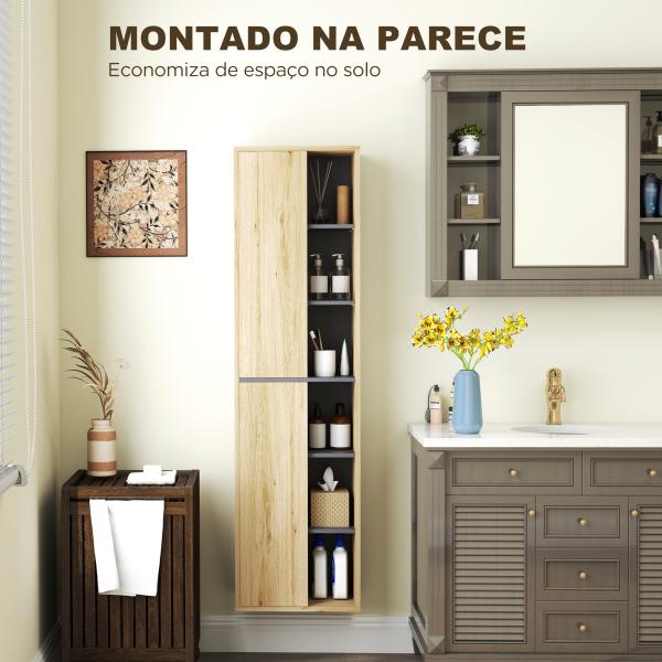 Coluna Casa de Banho de Parede Armário Alto Casa de Banho com Compartimentos Abertos e 2 Portas 40x24x141,5 cm Madeira