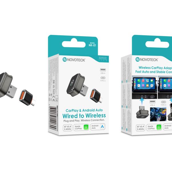 Adaptador Sem Fios NOVOTECK NK - 01 para CarPlay e Android Auto, USB - A + USB - C, Plug & Play para Carros Compatíveis