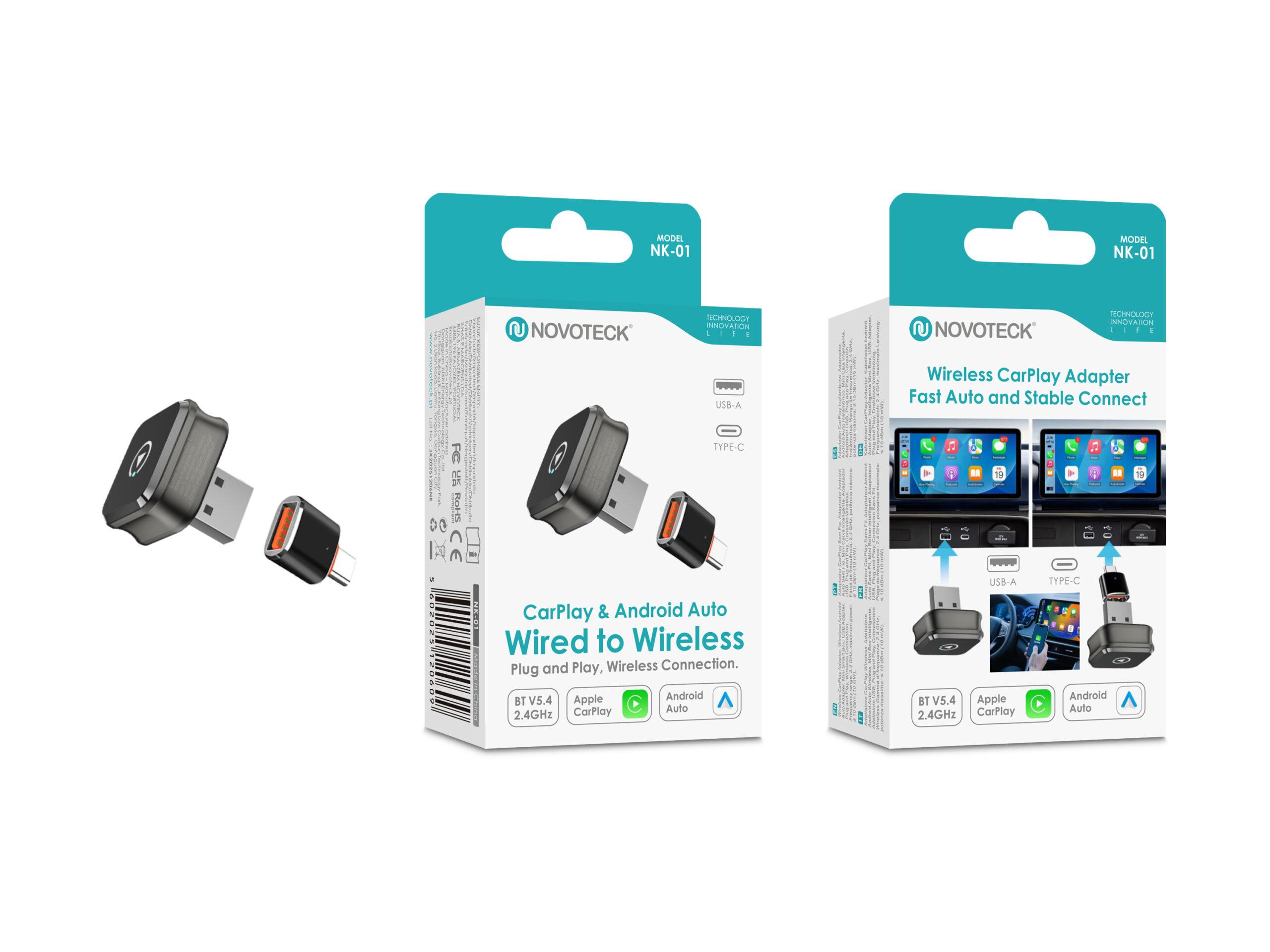 Adaptador Sem Fios NOVOTECK NK - 01 para CarPlay e Android Auto, USB - A + USB - C, Plug & Play para Carros Compatíveis