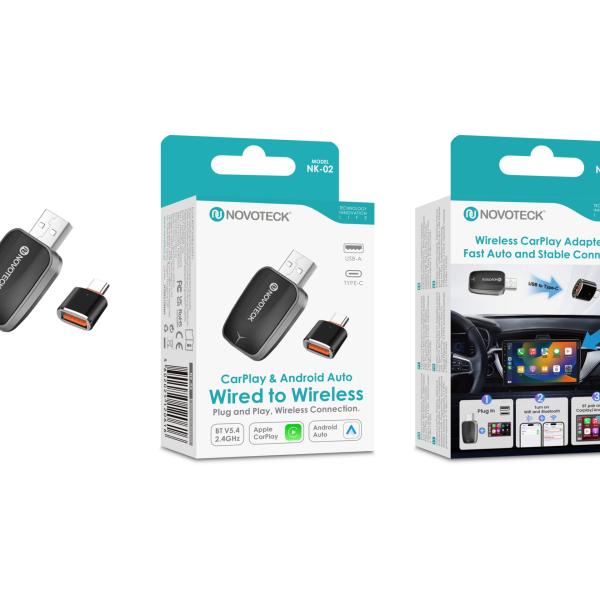 Adaptador Sem Fios NOVOTECK NK - 02 para CarPlay e Android Auto, USB - A + Adaptador USB - C, Plug & Play para Carros Compatíveis