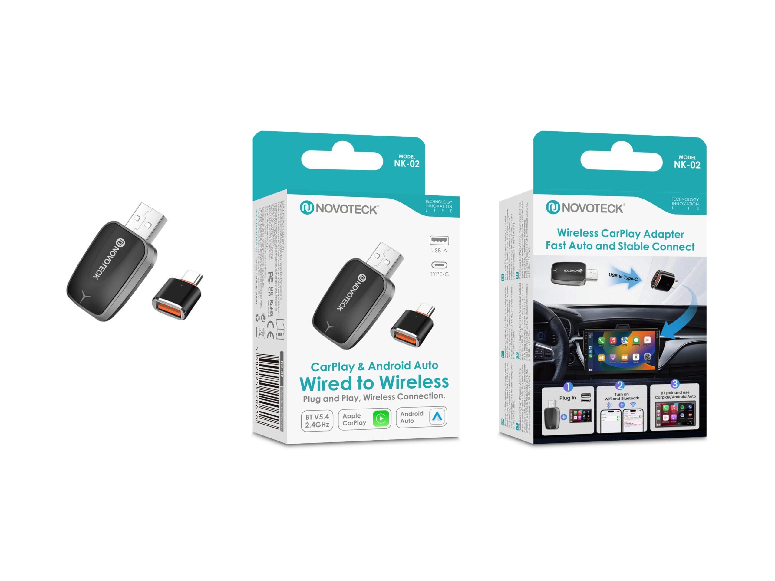 Adaptador Sem Fios NOVOTECK NK - 02 para CarPlay e Android Auto, USB - A + Adaptador USB - C, Plug & Play para Carros Compatíveis