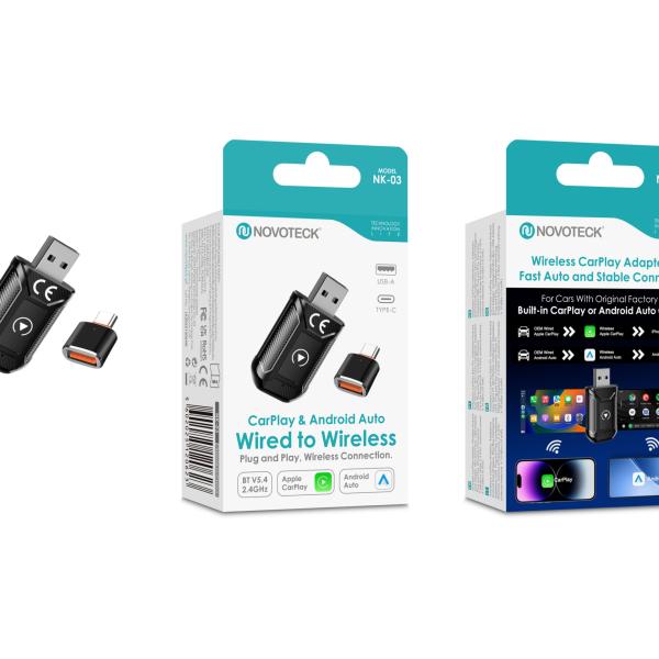 Adaptador Sem Fios NOVOTECK NK - 03 para CarPlay e Android Auto, USB - A + Adaptador USB - C, Plug & Play para Carros Compatíveis